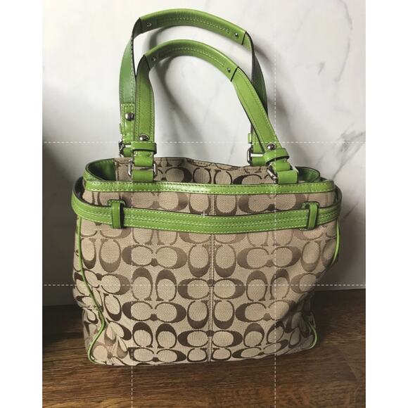 Coach Tan Monogram Green Leather Shoulder Handbag E0951-F13993 - Picture 6 of 12